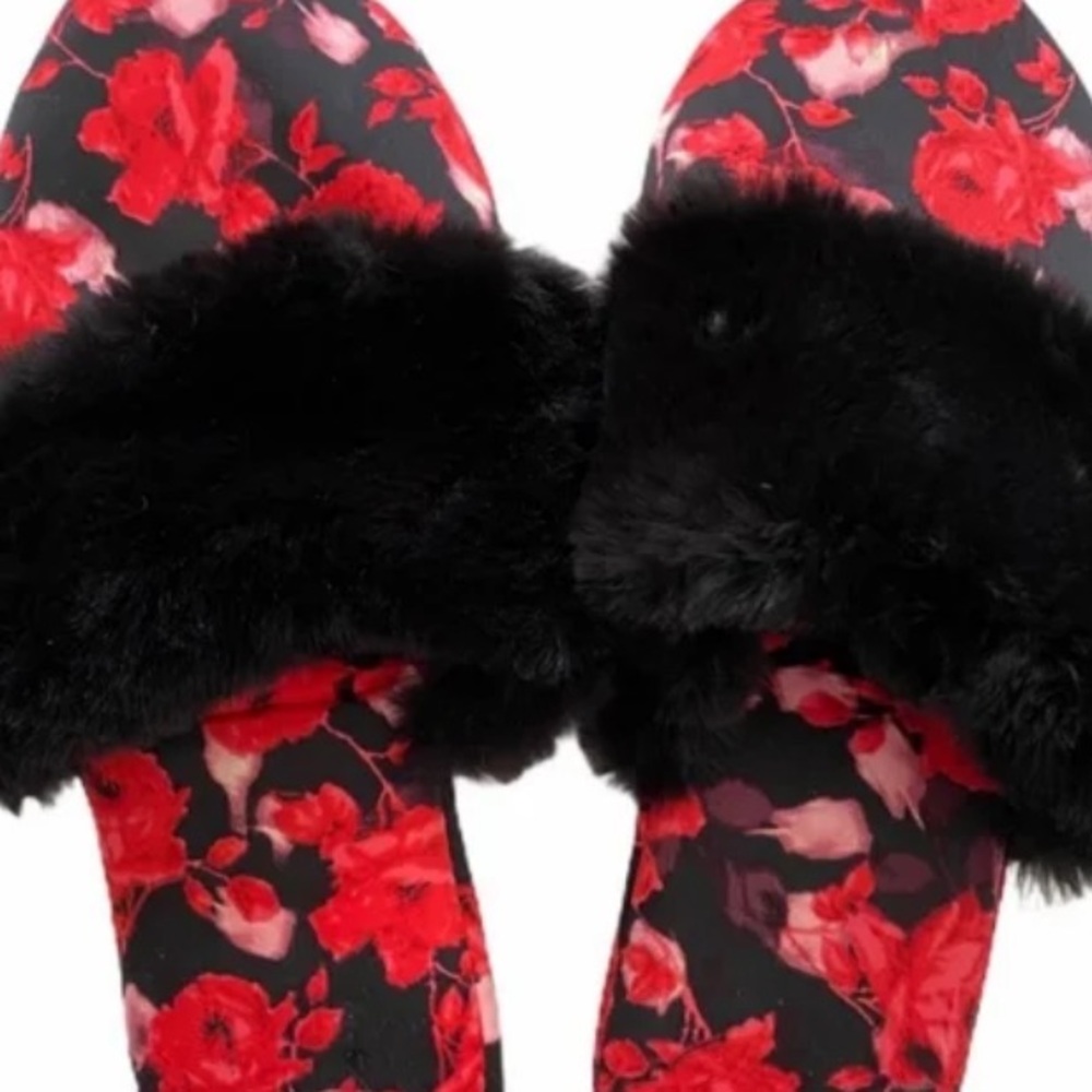 Victoria's Secret Floral Faux Fur Satin Slippers Size Large 9-10 - Picture 4 of 11